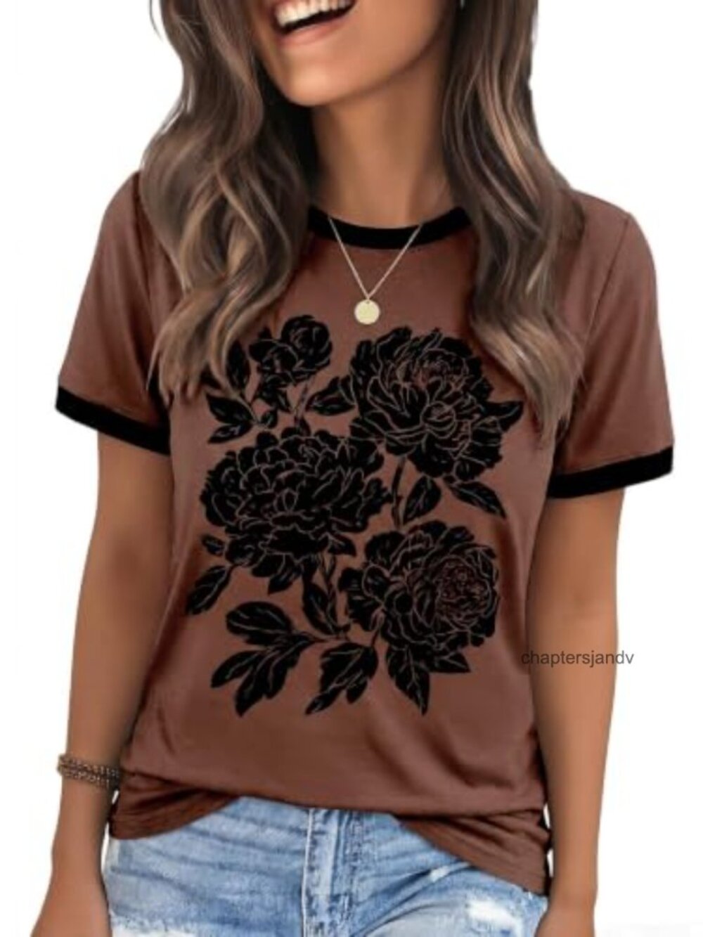 Women's Vintage Floral Crew Neck Short Sleeve Cotton Blend Tee Boho T Shirt